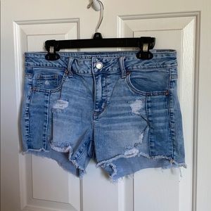 Light wash distressed denim shorts
